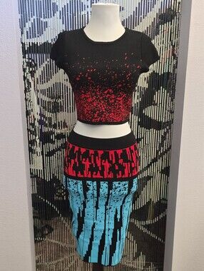 WOW couture Black Crop Top & Red-Aqua Graphic Pencil Skirt Set Size Small